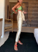 Exquisite Hollow Bandeau Tie-Back Vest Top Ruched High-Waisted Straight-Leg Pants Set