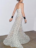 Elegant Polka Dot Print V-Neck Spaghetti Strap Flounce Hem Maxi Dress