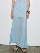 Elegant Mesh Panel Pleated Knit Maxi Skirt