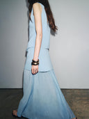 Elegant Mesh Panel Pleated Knit Maxi Skirt