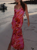 Elegant Printed Strappy Bodycon Silhouette Backless Slit Dress
