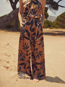 Unique Satin Leaf Print Cross-Neck Design Tropical Tank Top