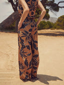 Unique Satin Leaf Print Pleated Elastic Waist High Waist Wide Leg Pants