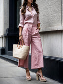 Casual Linen Long-Sleeve Loose Shirt Wide-Leg Cropped Pants Set