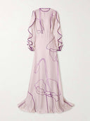 Retro Ruffled Cutout Floral Print Satin Maxi Dress