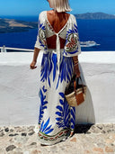 Elegant Floral Print Satin Flared Sleeve Maxi Dress