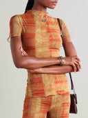 Unique Ruched Plaid Print Stretch Mesh T-Shirt