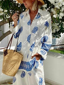 Unique Ethnic Pattern Print Oversized Button-Up Shirt