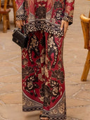 Unique Floral Patchwork With Elastic Waist Wide-Leg Pants