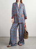 Unique Venice Print Satin Twill Elastic-Waist Wide-Leg Pants