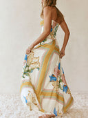 Elegant Off-Shoulder Printed Ruched A-Line With Pockets Maxi Dress