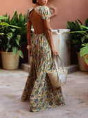 Beautiful Puff Sleeve Floral Print Cutout Open Back Pleated Maxi Dress