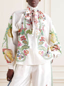 Unique Bow Tie Neck Floral Satin Ruffle Loose Blouse