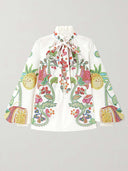 Unique Bow Tie Neck Floral Satin Ruffle Loose Blouse