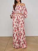 Retro Print Satin With Pleats Elastic Pockets Wide-Leg Pants