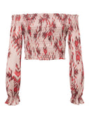 Retro Printed Ruched Stretch Off-Shoulder Top