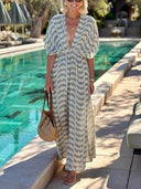 Unique Ruched Print With Drop Shoulders Side Slit Maxi Dress