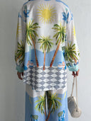 Unique Coastal Palm Tree Print Wide-Leg Pants