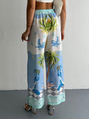 Unique Coastal Palm Tree Print Wide-Leg Pants