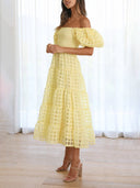 Fashionable One-Shoulder Chiffon Puff Sleeve Swing Midi Dress