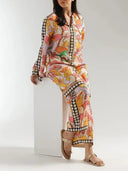 Bohemian Ethnic Print Colorblock Wide-Leg Pants