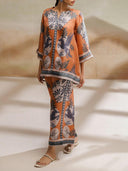 Retro Modern Floral Print Contrasting Stitching Elastic Waist Wide-Leg Pants