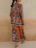 Retro Modern Floral Print Contrasting Stitching Elastic Waist Wide-Leg Pants