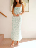 Sophisticated Floral Print Open Back Pleated Midi Dress