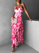 Fashionable Chiffon Printed Off-Shoulder Slit Maxi Dress