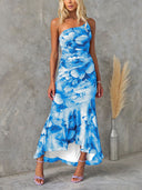 Beautiful Casual Off-Shoulder Floral Print Elastic Slim Irregular Maxi Dress