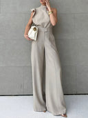 Casual Ruffle Sleeve Halter Top With Simple Solid Color Straight Pants Set