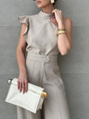 Casual Ruffle Sleeve Halter Top With Simple Solid Color Straight Pants Set