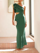Prom Fashion Pleated One-Shoulder Hollow Slim Maxi Dress