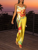 Elegant Satin Floral Print Cowl Neck Sexy Open Back Tie-up Maxi Dress