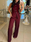 Perfect Charm Elegant High Neck Solid Color Button Vest Top