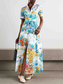 Unique Watercolor Print Tie-Dress Shirt Maxi Dress