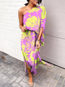Exquisite Rose Print One Shoulder Slit Maxi Dress