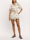 Elegant Lace-Up Linen Shell Print Cardigan Jumpsuit