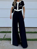 Fashionable Black And White Patchwork Short-Sleeved Top And Straight Pants Set