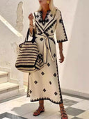 Bohemian Style Unique Print Belted Midi Dress