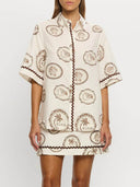 Elegant Lace-Up Linen Shell Print Short-Sleeved Shirt And Skirt Set