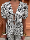 Casual Floral Print Lace-Up V-Neck Top