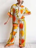 Casual Unique Satin Sun Print Loose Button Down Oversized Shirt