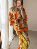 Casual Unique Satin Sun Print Loose Elastic Waist Drawstring Pocket Wide Leg Pants