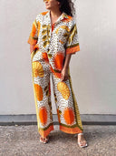 Casual Unique Satin Sun Print Loose Elastic Waist Drawstring Pocket Wide Leg Pants
