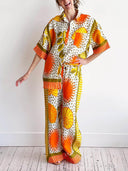 Casual Unique Satin Sun Print Loose Button Down Oversized Shirt