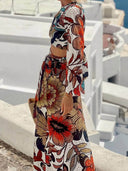 Unique Colorful Print Navel-Baring Lace-Up Maxi Dress