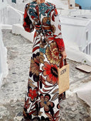 Unique Colorful Print Navel-Baring Lace-Up Maxi Dress
