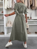 Unique Pleats Solid Color V-Neck Button-Down Denim Midi Dress