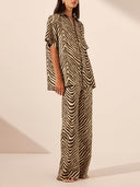 Exquisite Satin Unique Wave Pattern Print Drawstring Elastic Waist Wide Leg Pants